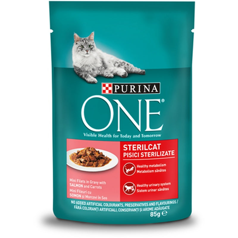 PURINA ONE Hrana Umeda pentru Pisici Sterile cu Somon si Morcov in Sos 85 g