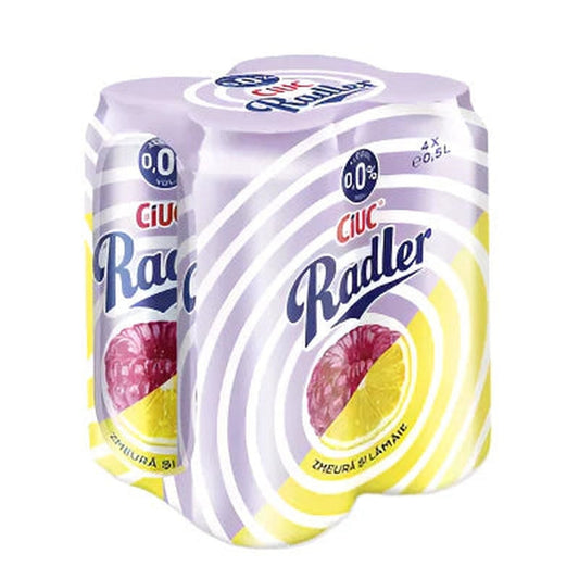 CIUC RADLER Bere cu Aroma de Zmeura si Lamaie 0% Alcool Doza SGR 4 x 0,5 L
