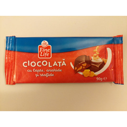Fine Life Ciocolata cu Lapte, Arahide si Stafide 90 g