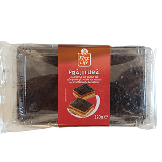Fine Life Prajitura Crema Cacao cu Glazura si Paiete de Cacao si Umplutura de Visine 220 g
