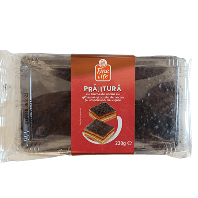 Fine Life Prajitura Crema Cacao cu Glazura si Paiete de Cacao si Umplutura de Visine 220 g - WALTI